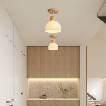 Modern Minimalist Half Round Wood Glass 1-Light Semi-Flush Mount Ceiling Light For Hallway