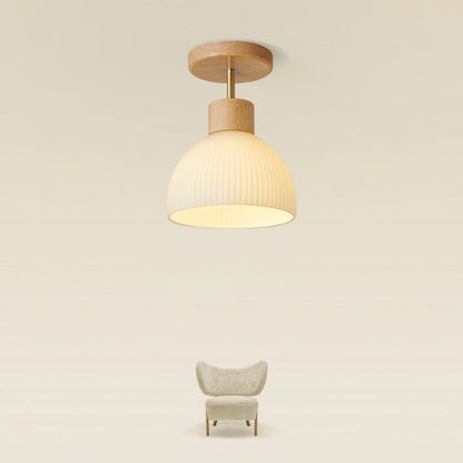 Modern Minimalist Half Round Wood Glass 1-Light Semi-Flush Mount Ceiling Light For Hallway