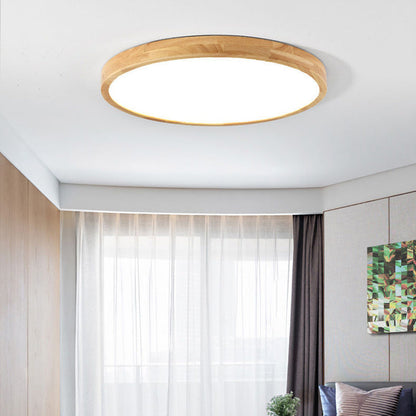Contemporary Scandinavian Round Solid Wood Acrylic LED Flush Mount Ceiling Light For Study