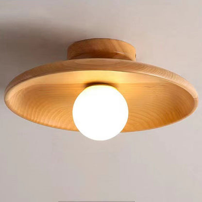 Contemporary Scandinavian Disc Solid Wood 1-Light Semi-Flush Mount Ceiling Light For Hallway