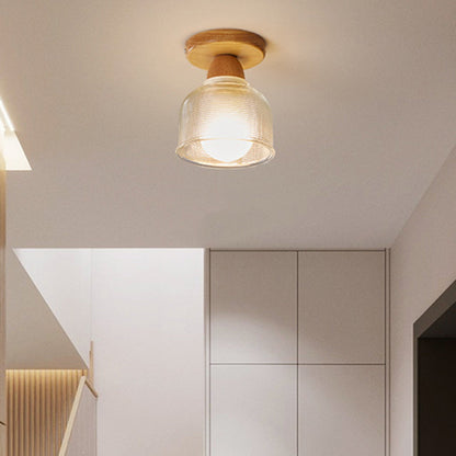 Traditional Japanese Flower Disc Glass Wood 1-Light Semi-Flush Mount Ceiling Light For Hallway