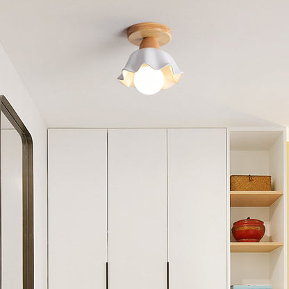 Traditional Japanese Flower Disc Glass Wood 1-Light Semi-Flush Mount Ceiling Light For Hallway