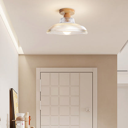Traditional Japanese Flower Disc Glass Wood 1-Light Semi-Flush Mount Ceiling Light For Hallway