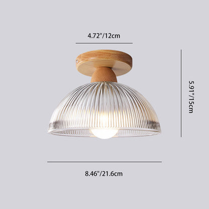 Modern Minimalist Bowl Glass Wood 1-Light Semi-Flush Mount Ceiling Light For Hallway