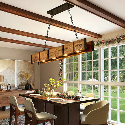 Traditional Vintage Rectangular Iron Wood LED Island Light Chandelier For Dining Room