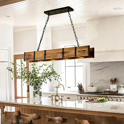 Traditional Vintage Rectangular Iron Wood LED Island Light Chandelier For Dining Room