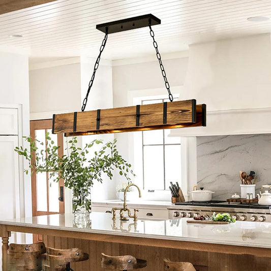 Traditional Vintage Rectangular Iron Wood LED Island Light Chandelier For Dining Room