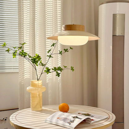 Traditional Japanese Round Acrylic Wood LED Pendant Light For Dining Room