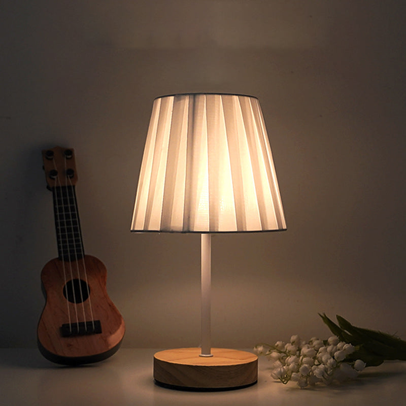 Modern Minimalist Trapezoidal Solid Wood Fabric LED Table Lamp For Bedroom