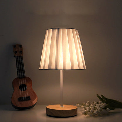 Modern Minimalist Trapezoidal Solid Wood Fabric LED Table Lamp For Bedroom