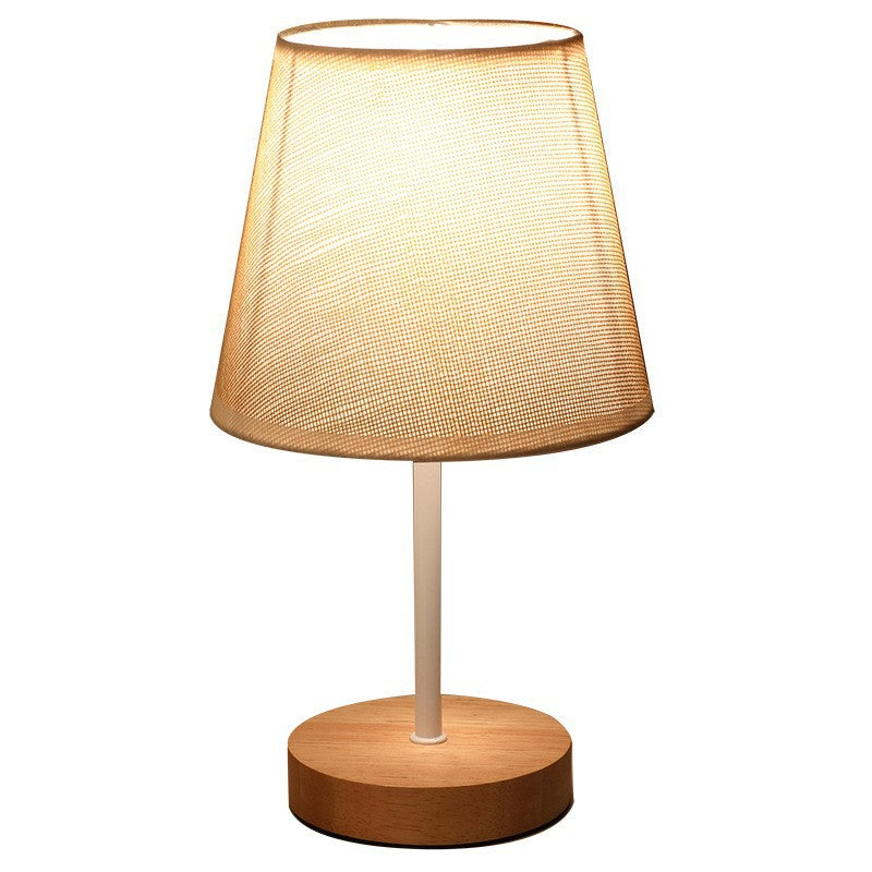 Modern Minimalist Trapezoidal Solid Wood Fabric LED Table Lamp For Bedroom