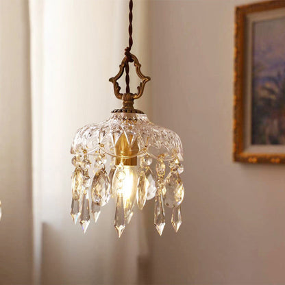 Traditional Vintage Floral Copper Crystal Glass 1-Light Pendant Light For Bedroom