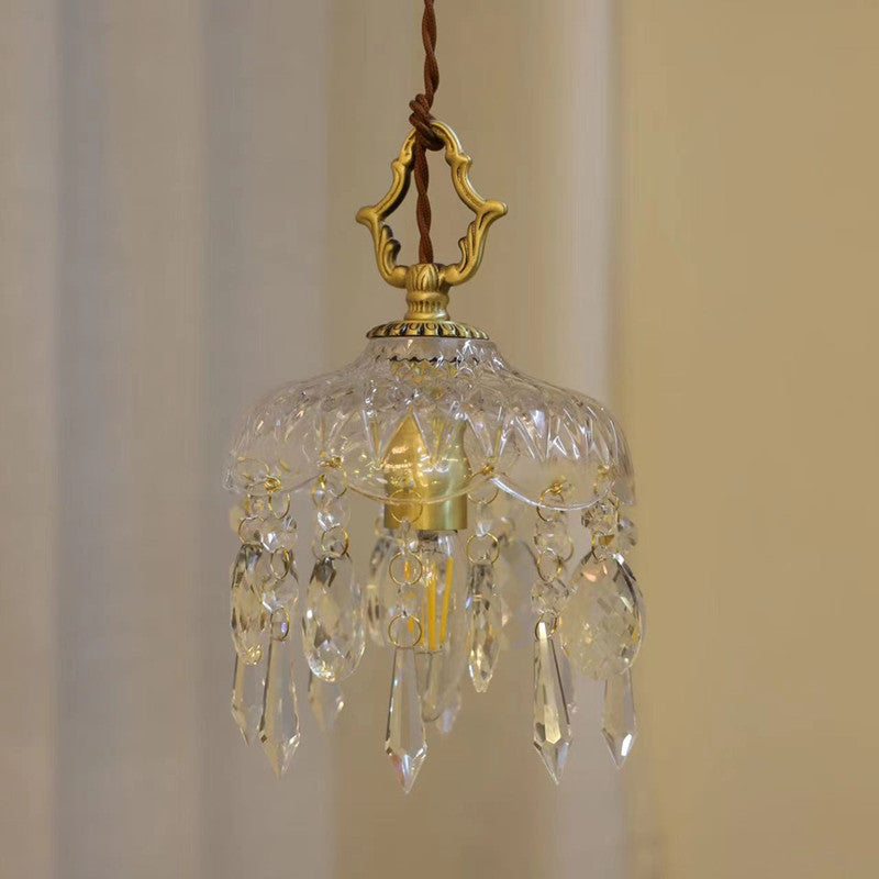 Traditional Vintage Floral Copper Crystal Glass 1-Light Pendant Light For Bedroom