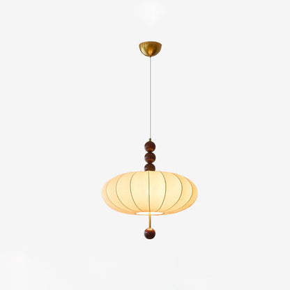Traditional Chinese Flat Round Fabric Wood 3/4 Light Pendant Light For Bedroom