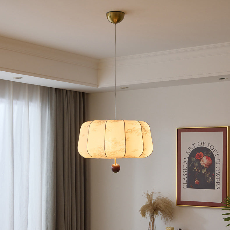 Traditional Chinese Flat Round Fabric Wood 3/4 Light Pendant Light For Bedroom