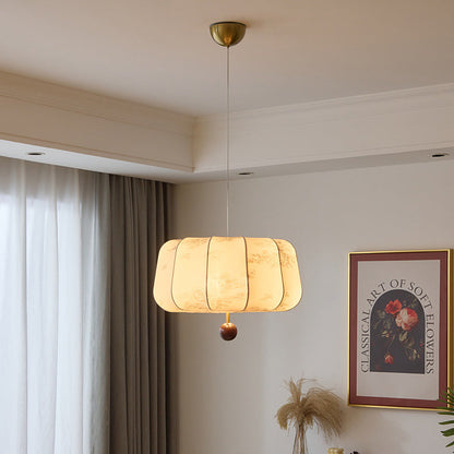 Traditional Chinese Flat Round Fabric Wood 3/4 Light Pendant Light For Bedroom