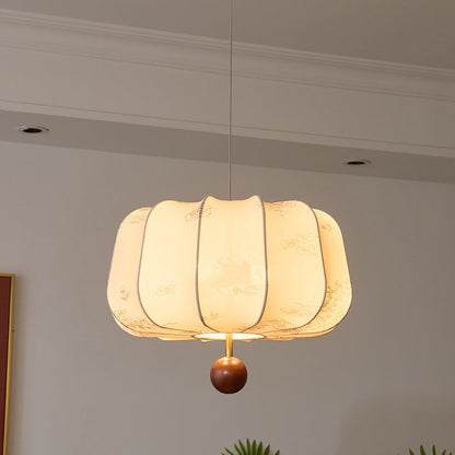 Traditional Chinese Flat Round Fabric Wood 3/4 Light Pendant Light For Bedroom
