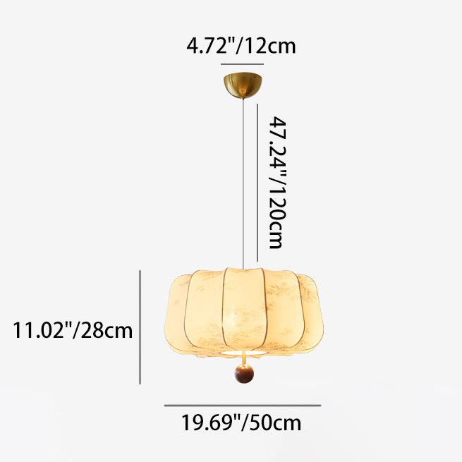 Traditional Chinese Flat Round Fabric Wood 3/4 Light Pendant Light For Bedroom