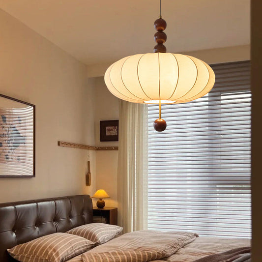 Traditional Chinese Flat Round Fabric Wood 3/4 Light Pendant Light For Bedroom