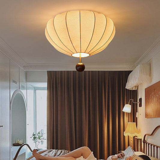 Traditional Vintage Flower Petal Solid Wood Fabric 3/4 Light Flush Mount Ceiling Light For Bedroom