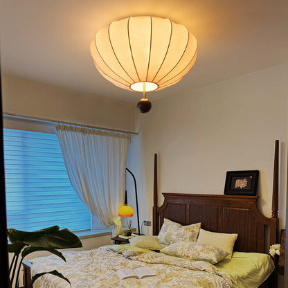 Traditional Vintage Flower Petal Solid Wood Fabric 3/4 Light Flush Mount Ceiling Light For Bedroom