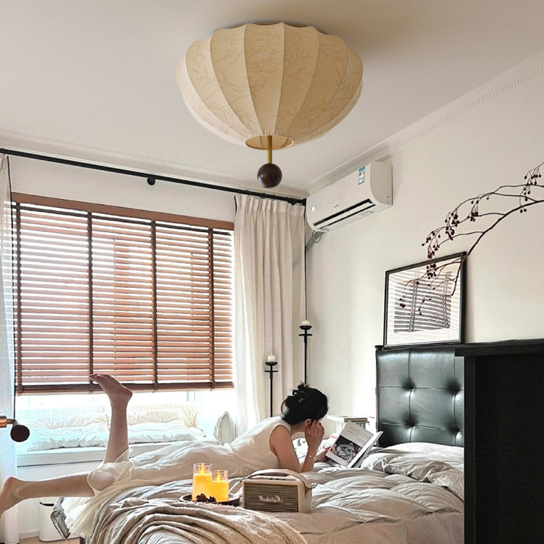 Traditional Vintage Flower Petal Solid Wood Fabric 3/4 Light Flush Mount Ceiling Light For Bedroom