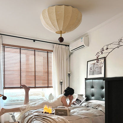 Traditional Vintage Flower Petal Solid Wood Fabric 3/4 Light Flush Mount Ceiling Light For Bedroom