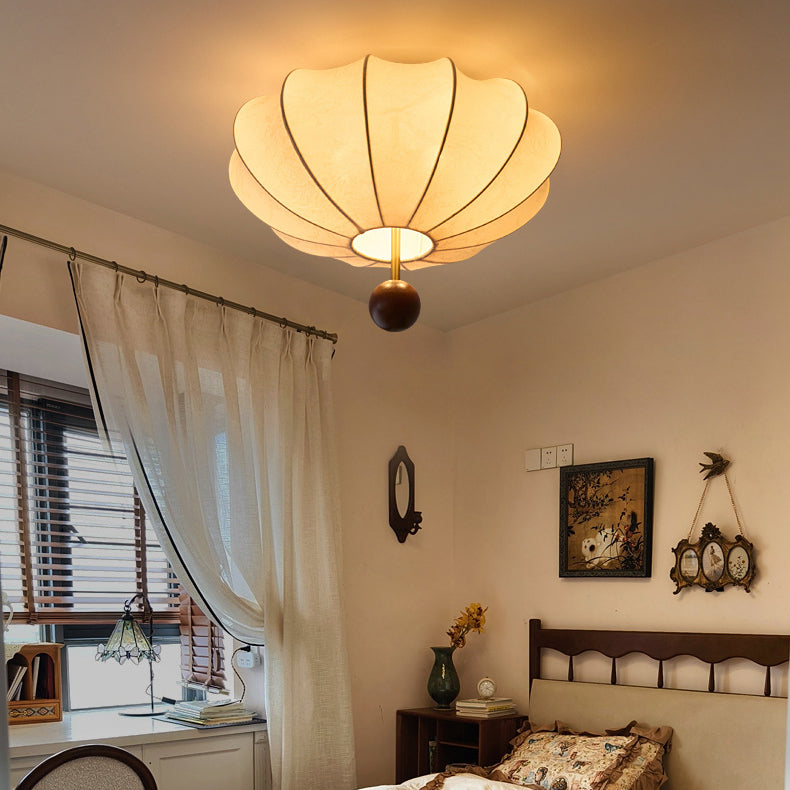 Traditional Vintage Flower Petal Solid Wood Fabric 3/4 Light Flush Mount Ceiling Light For Bedroom