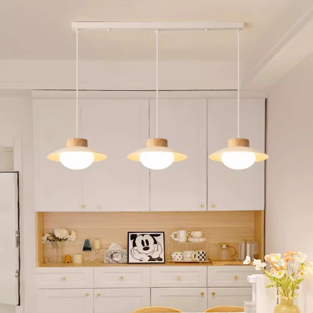 Contemporary Scandinavian Spherical Wooden Iron Acrylic LED Island Light Chandelier For Dining Room