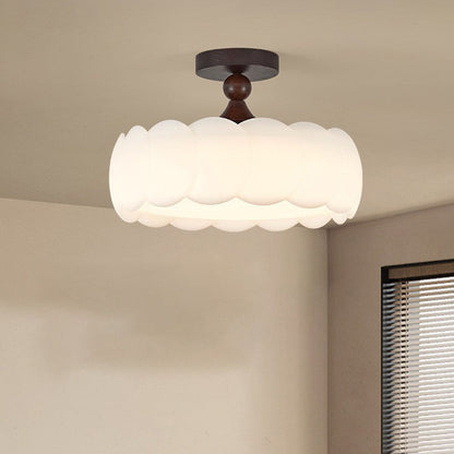 Modern Minimalist Cylindrical Cloud Acrylic White Ash Wood Iron LED Semi-Flush Mount Ceiling Light For Bedroom