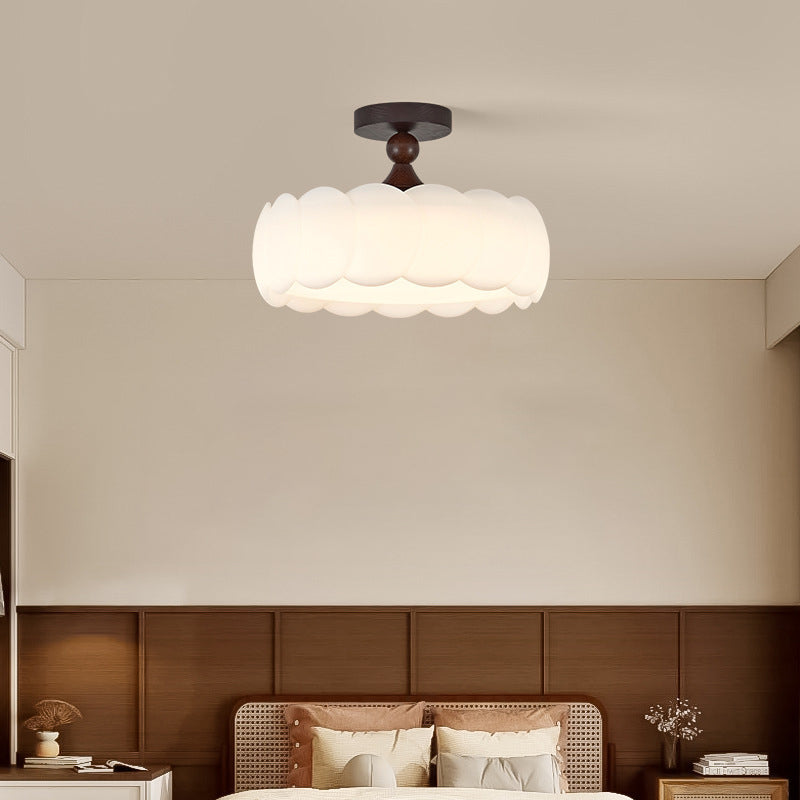 Modern Minimalist Cylindrical Cloud Acrylic White Ash Wood Iron LED Semi-Flush Mount Ceiling Light For Bedroom
