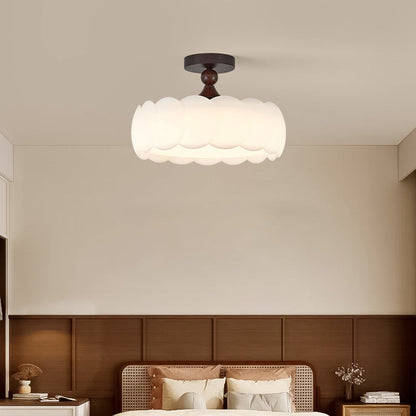 Modern Minimalist Cylindrical Cloud Acrylic White Ash Wood Iron LED Semi-Flush Mount Ceiling Light For Bedroom