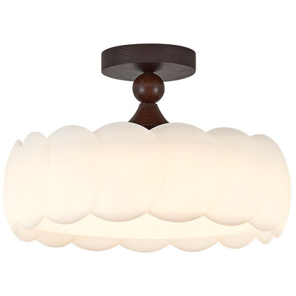 Modern Minimalist Cylindrical Cloud Acrylic White Ash Wood Iron LED Semi-Flush Mount Ceiling Light For Bedroom
