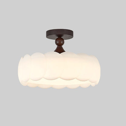 Modern Minimalist Cylindrical Cloud Acrylic White Ash Wood Iron LED Semi-Flush Mount Ceiling Light For Bedroom