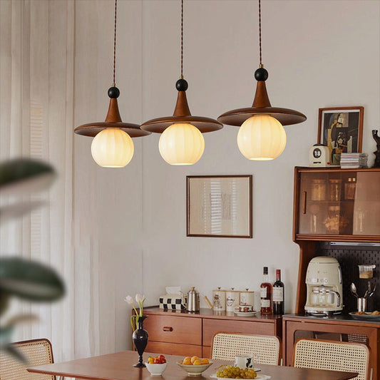 Traditional Vintage Round Disc Sphere Solid Wood Iron Glass 1/3 Light Island Light Chandelier For Bedroom