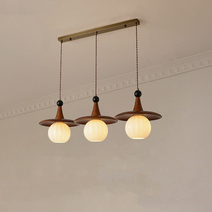 Traditional Vintage Round Disc Sphere Solid Wood Iron Glass 1/3 Light Island Light Chandelier For Bedroom