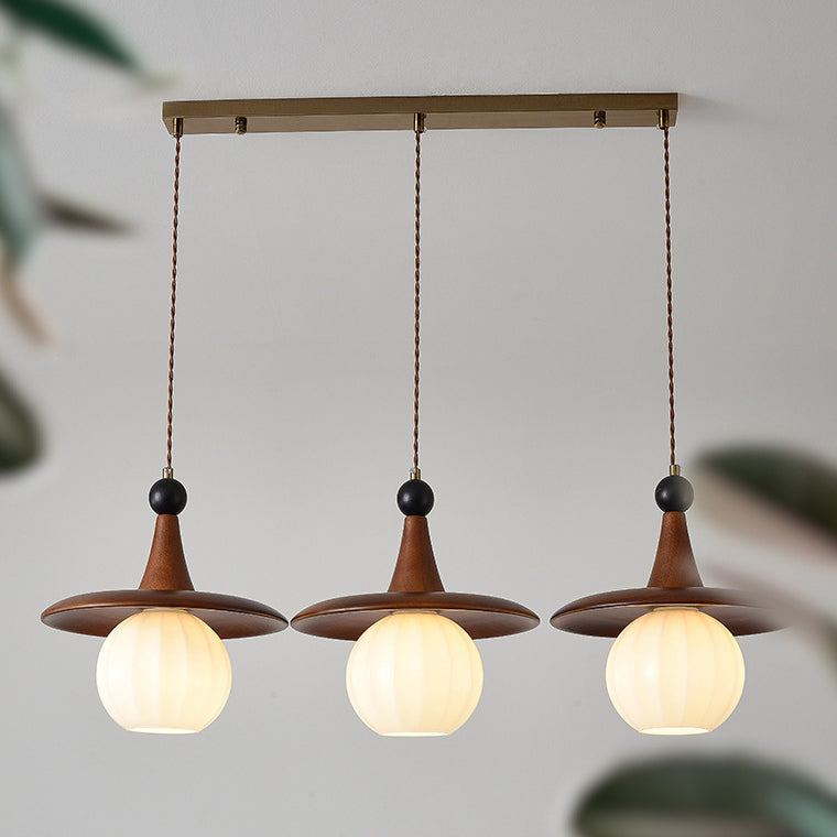 Traditional Vintage Round Disc Sphere Solid Wood Iron Glass 1/3 Light Island Light Chandelier For Bedroom
