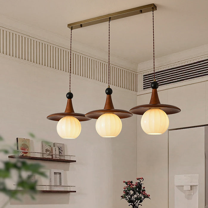 Traditional Vintage Round Disc Sphere Solid Wood Iron Glass 1/3 Light Island Light Chandelier For Bedroom
