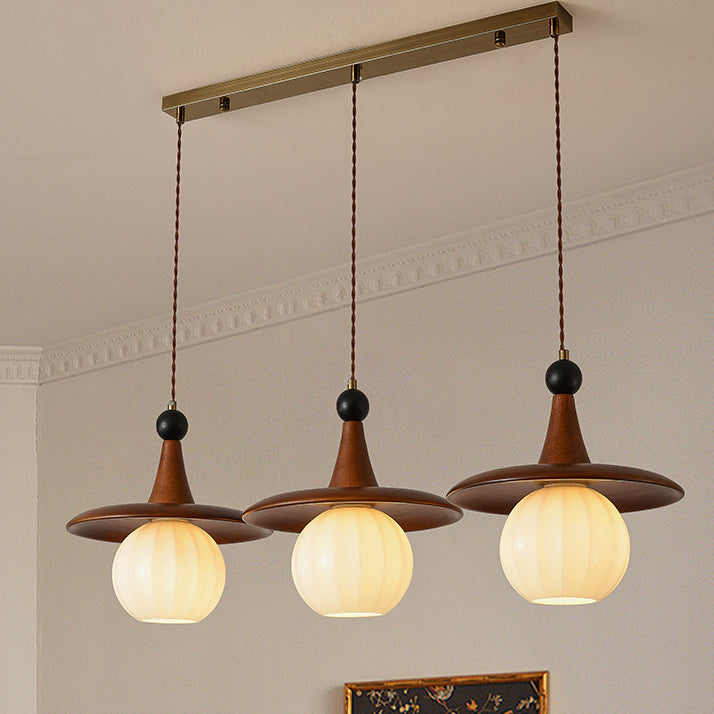 Traditional Vintage Round Disc Sphere Solid Wood Iron Glass 1/3 Light Island Light Chandelier For Bedroom