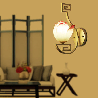 Traditional Chinese Iron & Resin Lotus-Shaped Lampshade Curved Arm 1-Light Wall Sconce Lamp For Bedroom & Living Room