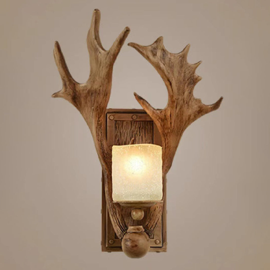 Modern Art Deco Resin & Glass Deer Antler Wall Sconce Lamp Rectangular Base Cylindrical Lampshade 1-Light For Bedroom & Living Room
