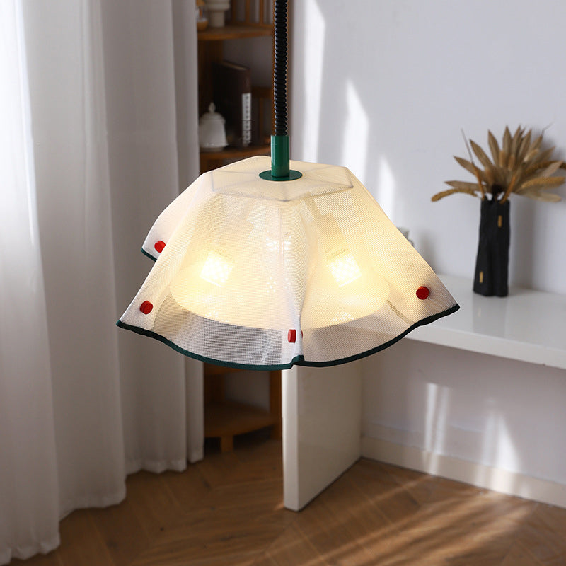 Modern Mid-Century Iron, Acrylic & Fabric Petal Shaped 3-Light Pendant Light For Bedroom & Living Room