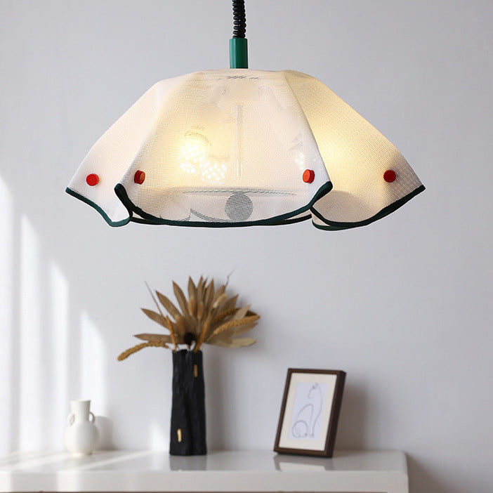 Modern Mid-Century Iron, Acrylic & Fabric Petal Shaped 3-Light Pendant Light For Bedroom & Living Room