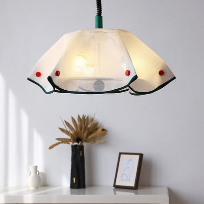 Modern Mid-Century Iron, Acrylic & Fabric Petal Shaped 3-Light Pendant Light For Bedroom & Living Room