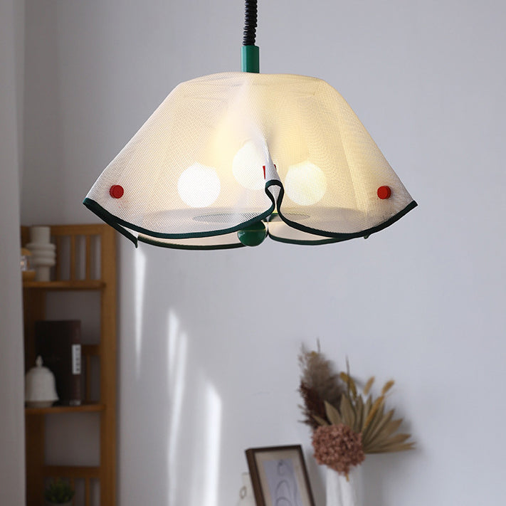 Modern Mid-Century Iron, Acrylic & Fabric Petal Shaped 3-Light Pendant Light For Bedroom & Living Room