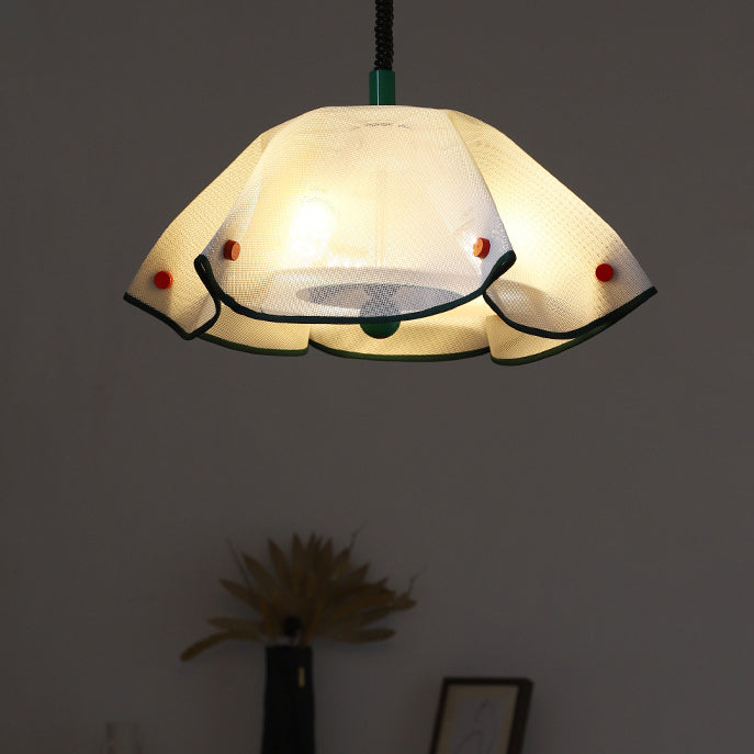 Modern Mid-Century Iron, Acrylic & Fabric Petal Shaped 3-Light Pendant Light For Bedroom & Living Room