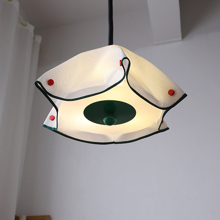 Modern Mid-Century Iron, Acrylic & Fabric Petal Shaped 3-Light Pendant Light For Bedroom & Living Room