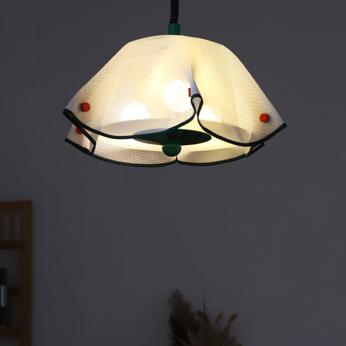 Modern Mid-Century Iron, Acrylic & Fabric Petal Shaped 3-Light Pendant Light For Bedroom & Living Room