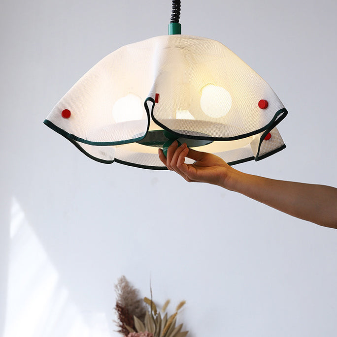 Modern Mid-Century Iron, Acrylic & Fabric Petal Shaped 3-Light Pendant Light For Bedroom & Living Room