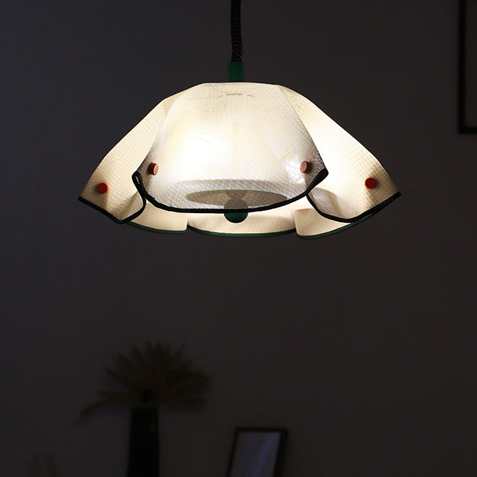 Modern Mid-Century Iron, Acrylic & Fabric Petal Shaped 3-Light Pendant Light For Bedroom & Living Room